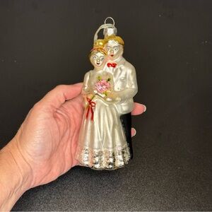 Bride and Groom Just Married Blown Glass Ornament Figurine EUC